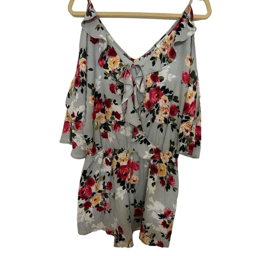 Umgee Romper Multi Floral Cold Shoulder Ruffle Tie Neck Lined Size S